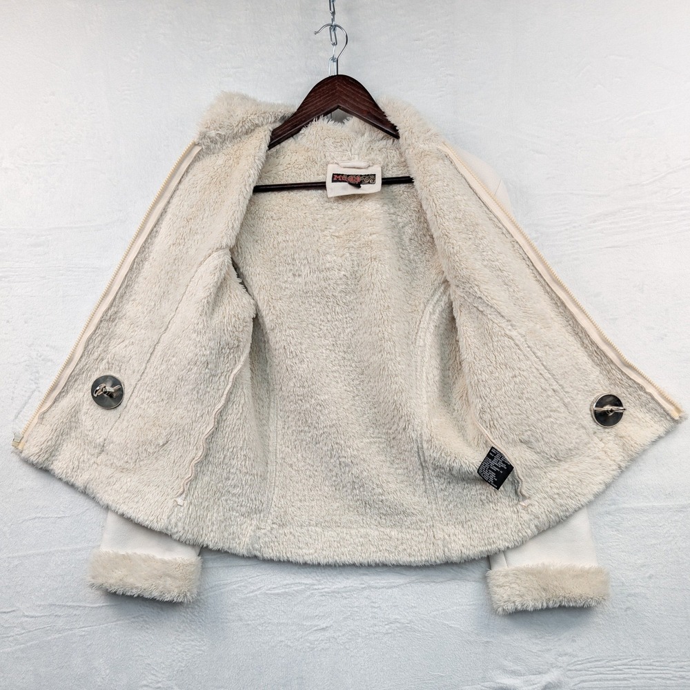 VTG Mudd Jacket Womens M Cream Faux Suede Fur Trim Hooded McBling Snow Bunny Y2K - Picture 6 of 14